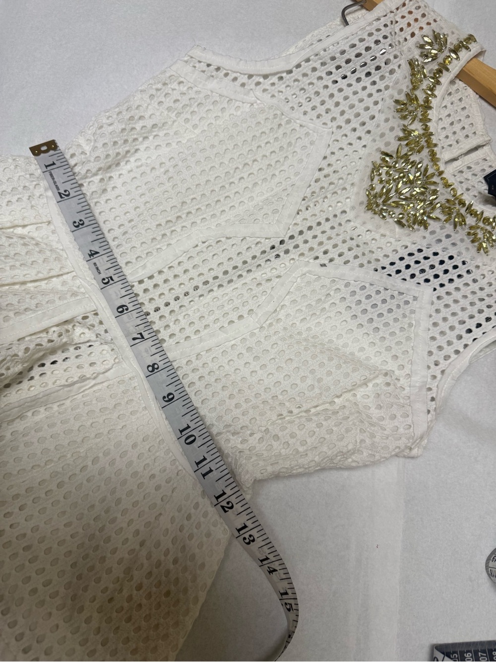 NWT; BCBG Max Azria top white eyelet texture and a heavily embellished🌸 - Picture 5 of 10